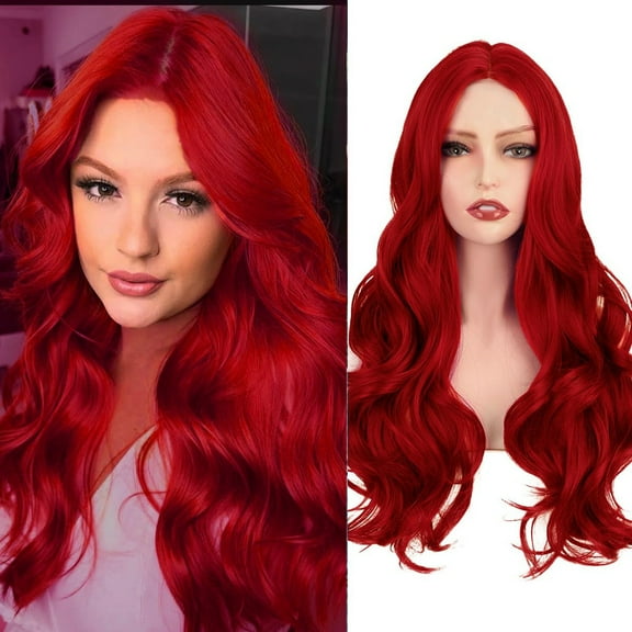Red Women's Long Wavy Wig with Center Curl Natural Looking Synthetic Fiber Heat Impervious Style for All Occasions