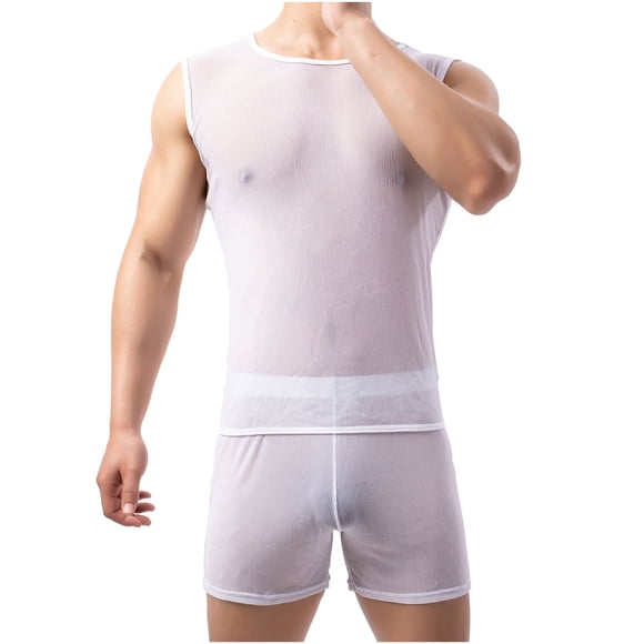 LSLJS Men Casual Round Neck Short Sleeve Round Neck Pullover Underwear Perspective Breathable Sleeveless Wide Shoulder Vest Briefs Set, Mens Underwear