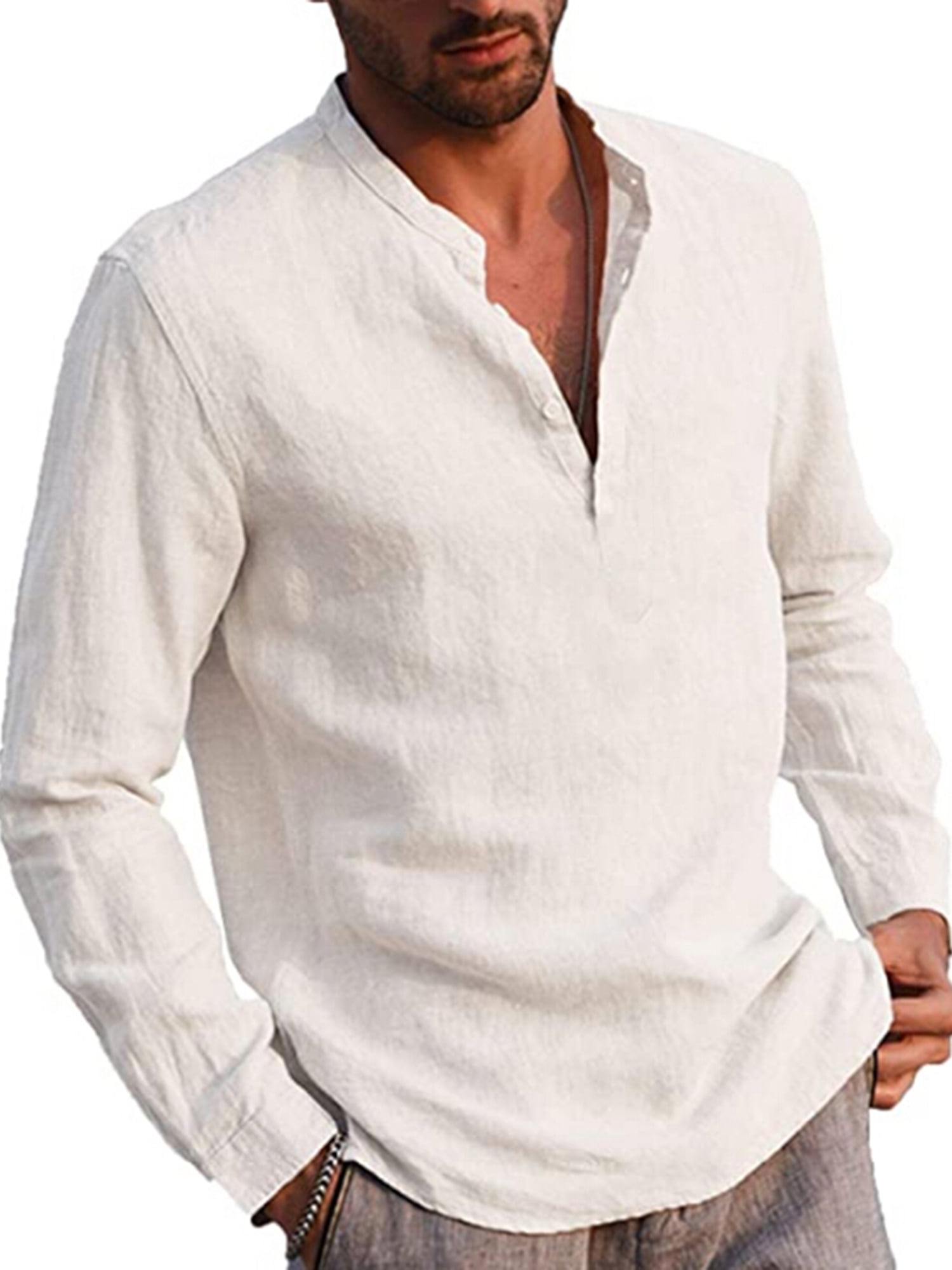 URRU Men's Linen Cotton Henley Shirt Roll-up Long Sleeve Basic Summer Shirt Band Collar Plain Yoga Tops Blouse Tee S-XXL