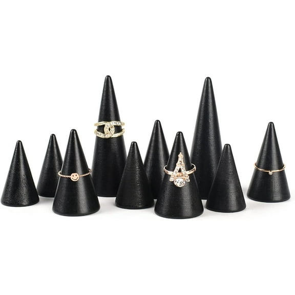 HUIANER 1 set 10pcs Wood Ring Display Frame Cone with Flat Bottom Black (3 Sizes)