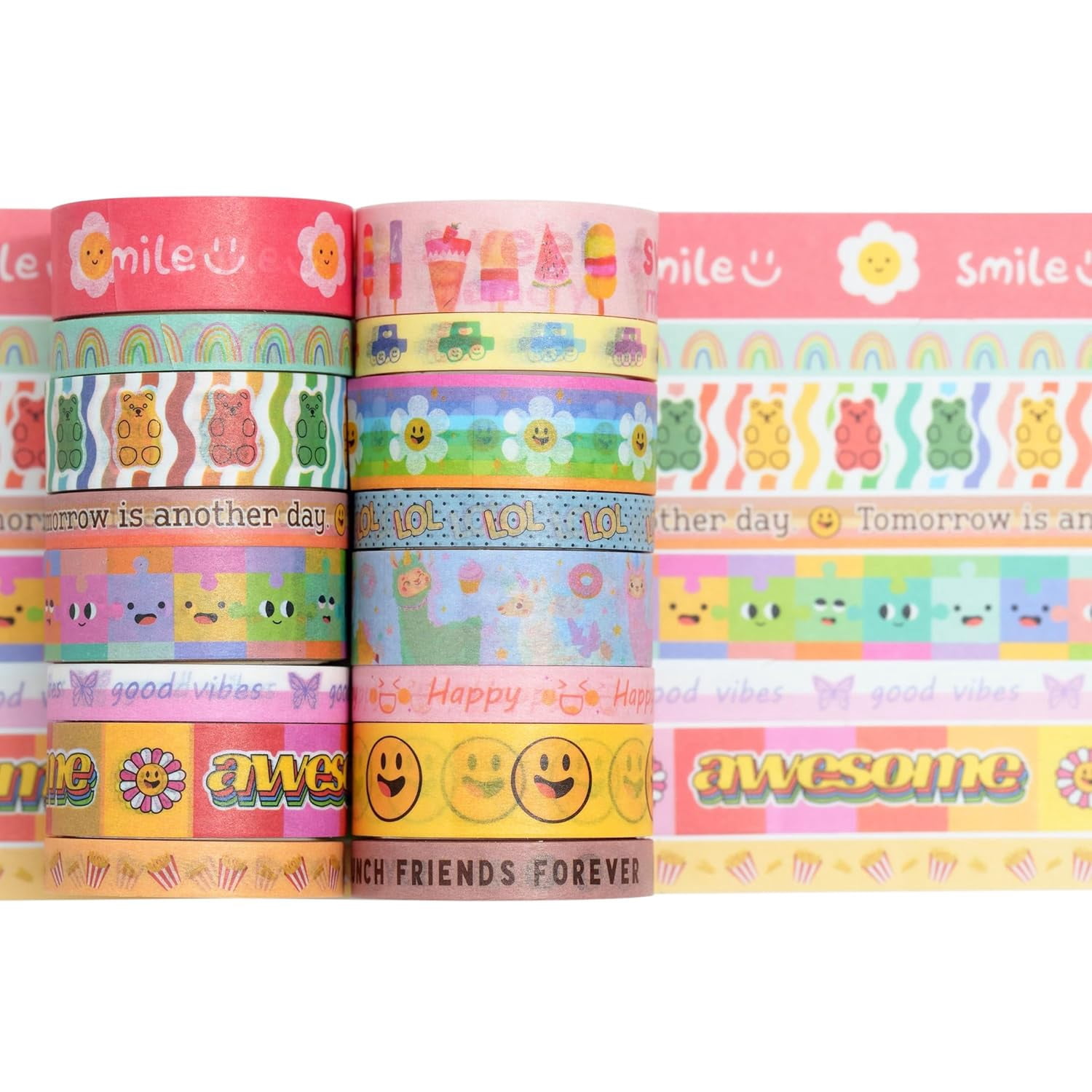 Cute Cartoon Washi Tape Set 16 Rolls Bright Colors Kawaii Masking Graphic Decorative Tapes for Arts, DIY Crafts, Journals, Planners, Scrapbook, Wrapping