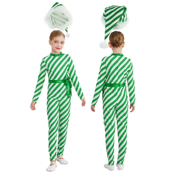 iiniim Girls Christmas Candy Cane Performance Kids Striped Jumpsuit Dance Skating Leotard with Hat Green 12