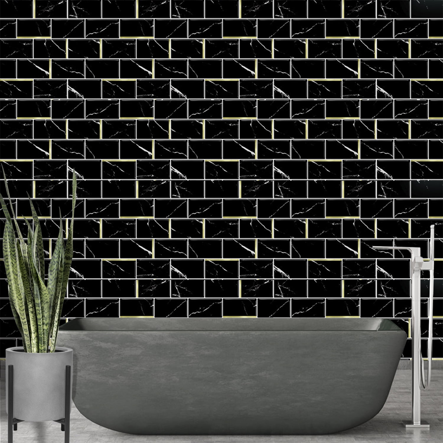 Dcor WOW 41006  Peel & Stick Backsplash, (8) 12x12-inch Sheet Covers 8 Sq Ft, Black Marble Subway Back Splash Tile Gold Accent