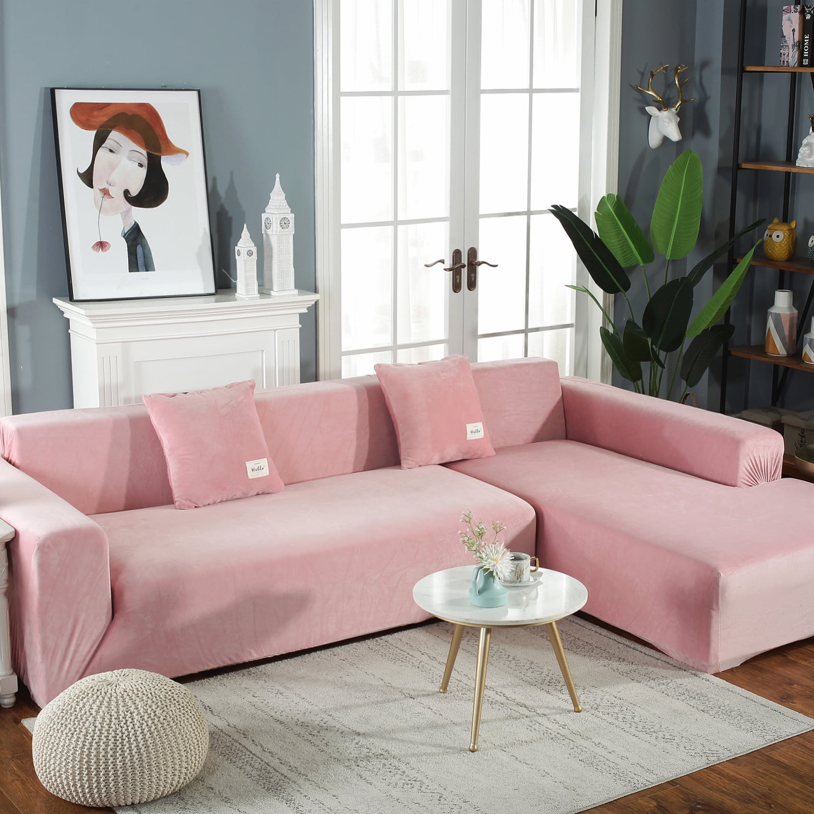 CJC Sectional Couch Covers, Velvet Stretch L Shape Sofa Covers, 2pcs Sofa Slipcovers for 3 + 4 Seaters Sectional Chaise Slipcover for Pets Kids, Pink