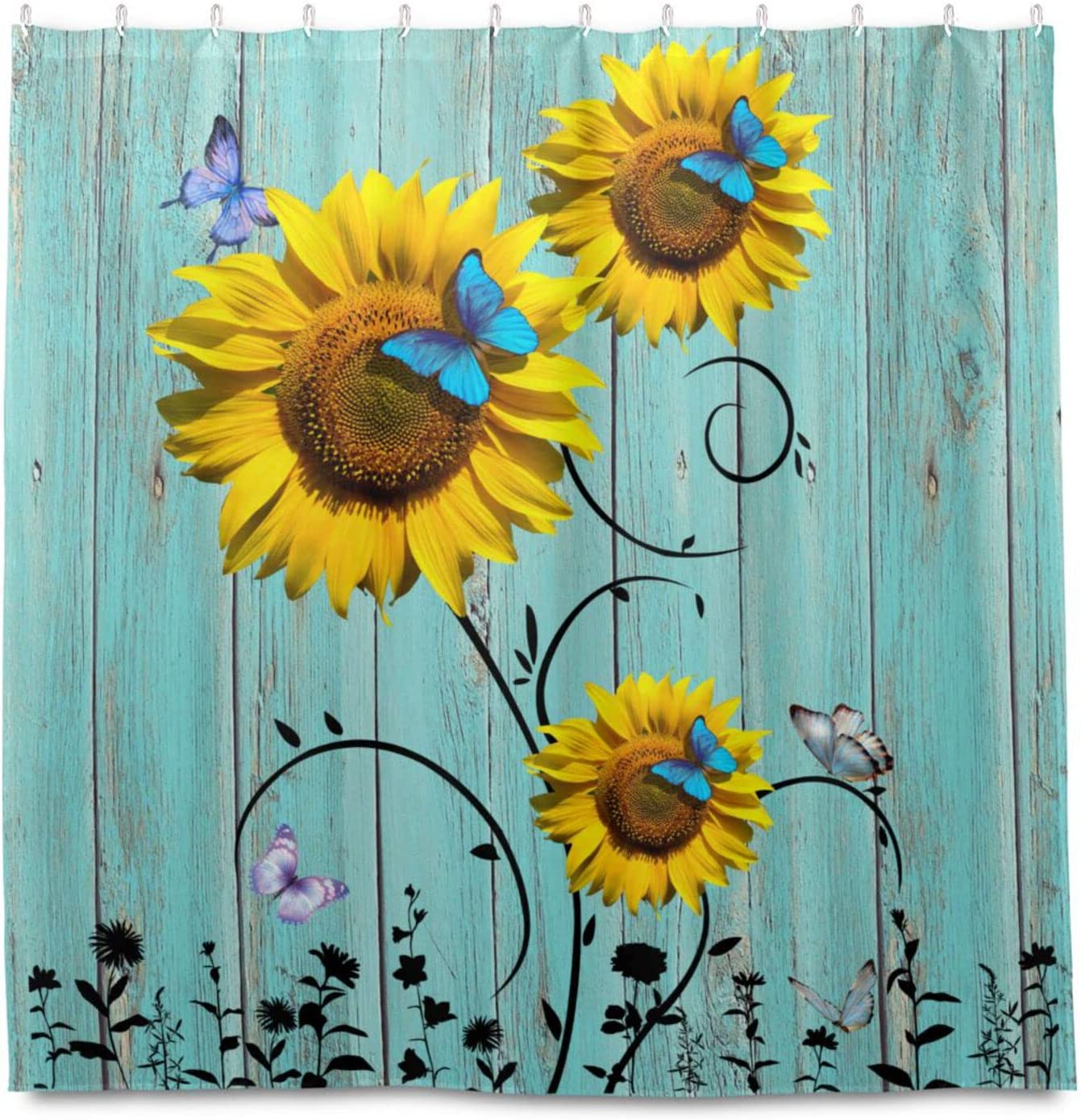 JOOCAR Shower Curtain Backdrop Sunflower Butterfly Green Wooden Farm