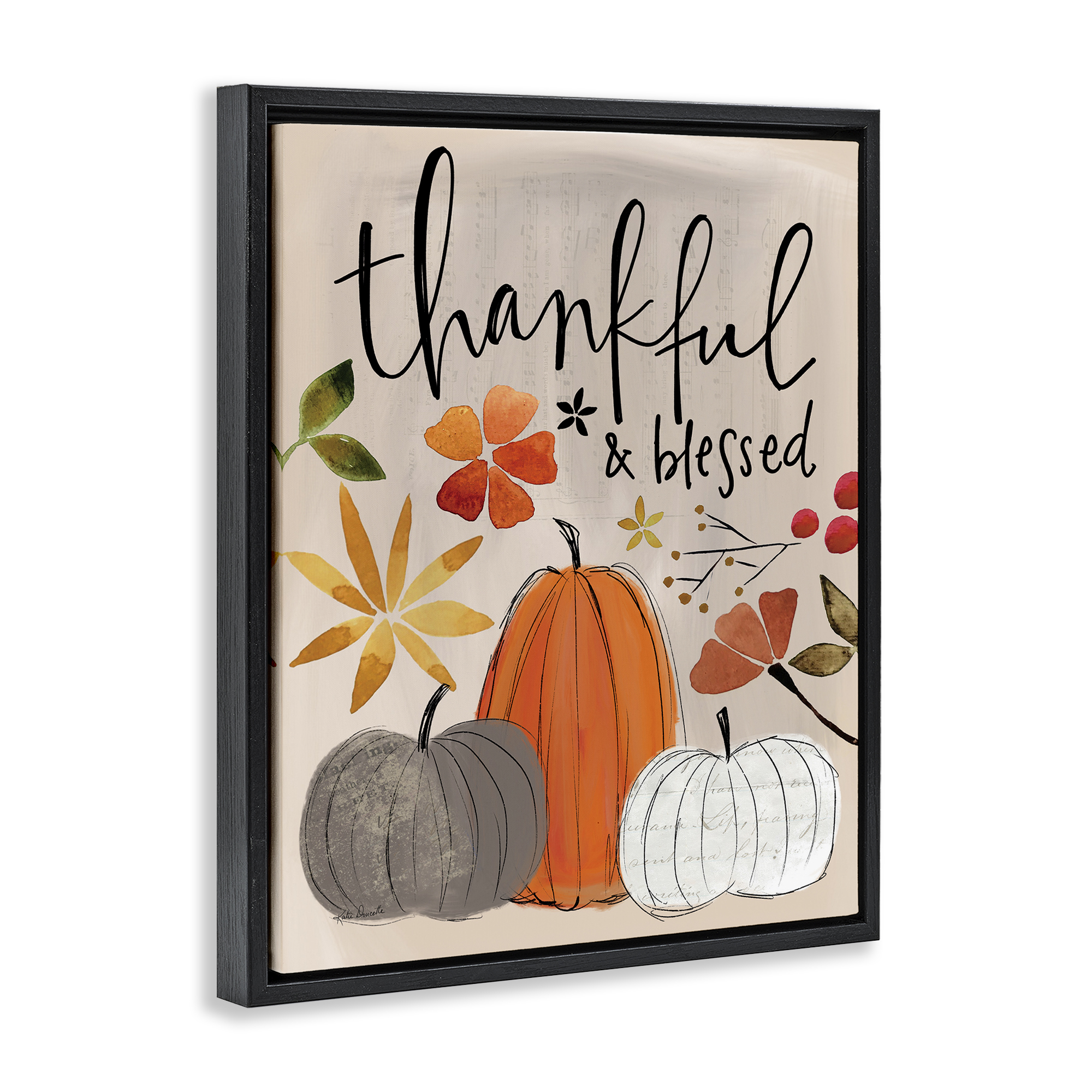 Stupell Industries Thankful & Blessed Pumpkins Botanical & Floral Painting Black Floater Framed Canvas Art Print Wall Art, 17 x 21
