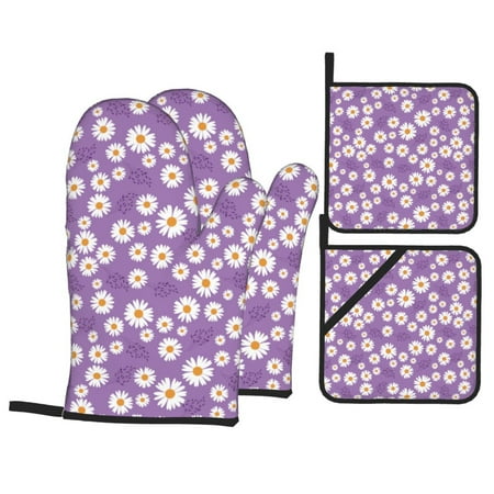 

Oven Mitts and Pot Holders 4 pcs Set Daisies Flowers Petal purple Heat Resistant Pot Holders Oven Mitts for kitchen Non-Slip Hanging Loop Oven Glove Potholders for Baking Cooking
