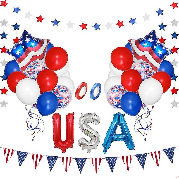 38 piezas de kit de globos de EE. UU., globos de látex, cadena de papel para abanico de papel para el Día de la Independencia
