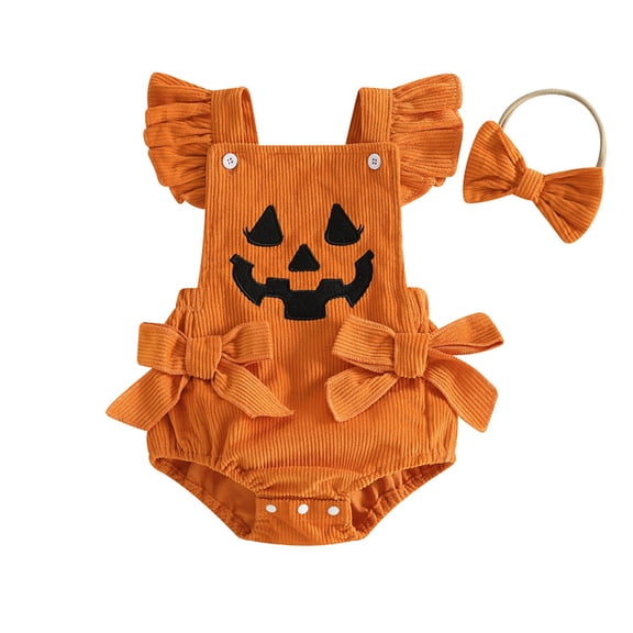 Byoo Newborn Girl's Halloween Bodysuit Corduroy Bow Accent Jack‑O‑Lantern Sleeveless Outfit Romper, Orange
