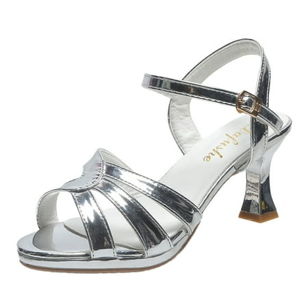

slipper for Women Ladies Shoes Fashion Solid Color Buckle Band Chunky High Heel Sandals PU heeled sandals Silver