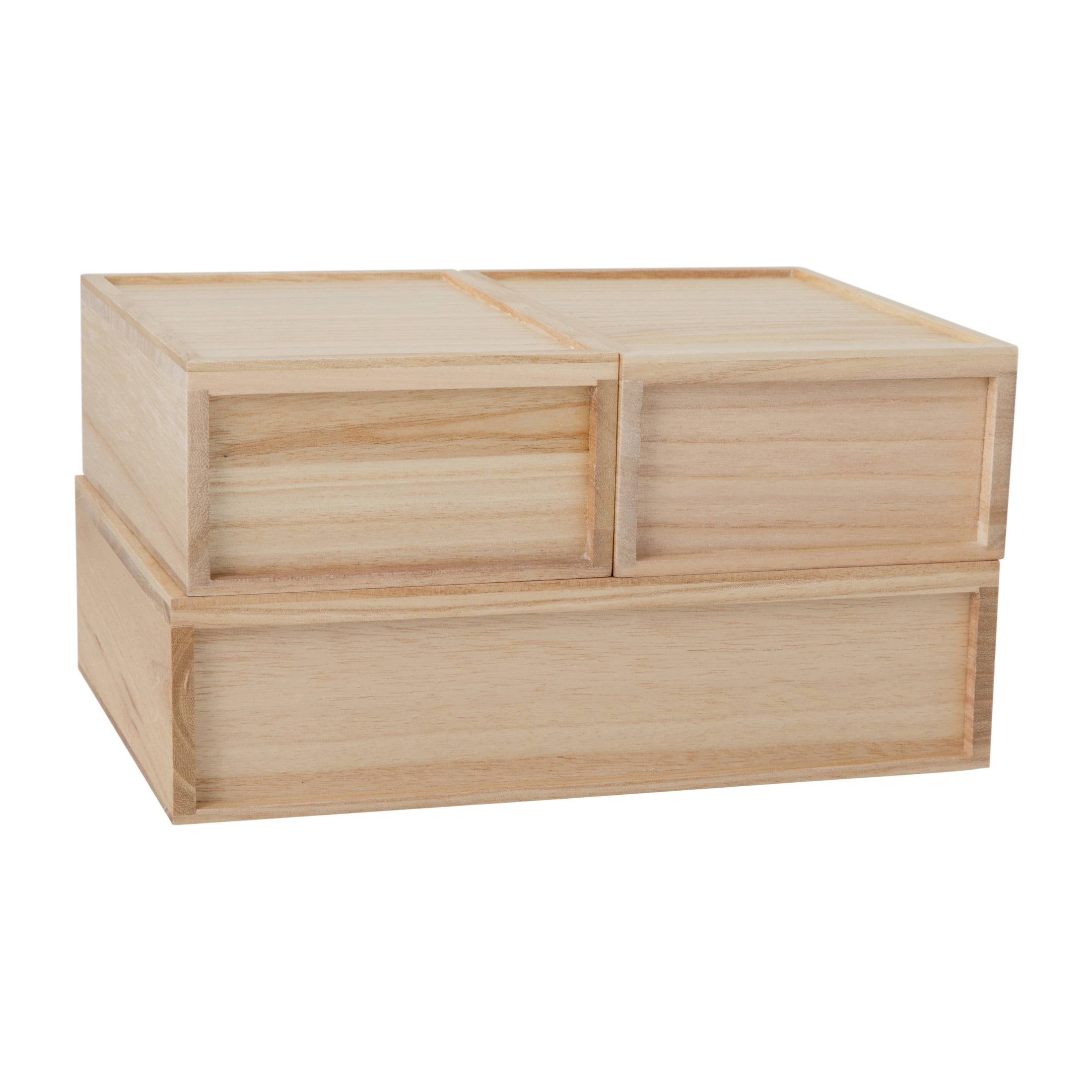 Martha Stewart Weston Stackable Light Natural Paulownia Wood Boxes with Drawers, Office Desktop Organizers, Set of 3