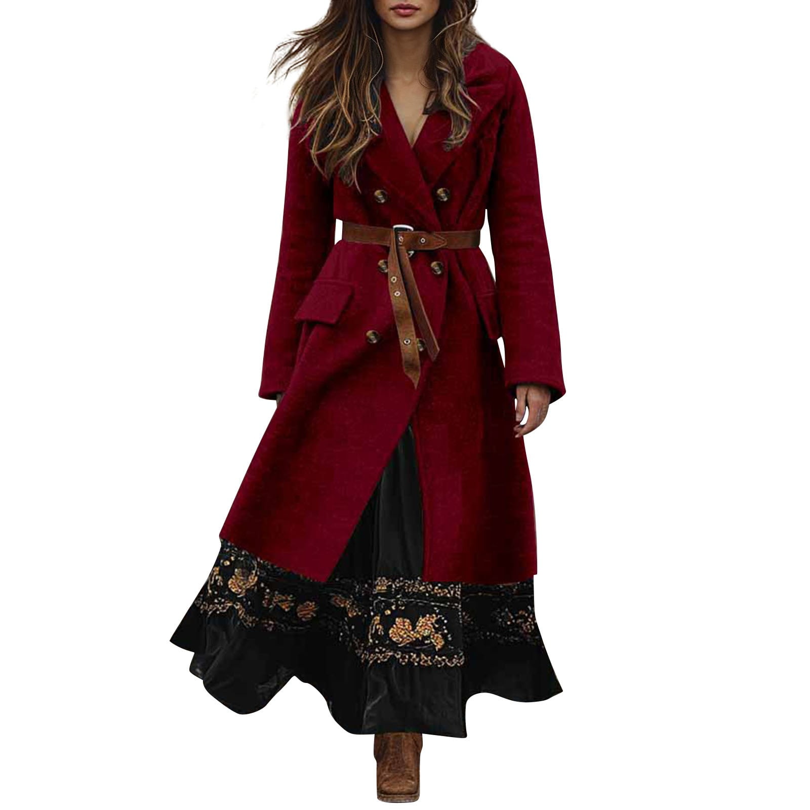 Women's 2025 Bohemian Style Double Breasted Wool Blend Coat, Mid-Length Trench  Coat with Lapel Collar, Slim Fit Overcoat, Elegant Fall Winter Outerwear,  Classic Solid Color (Belt Not Include) Wine - Walmart.ca