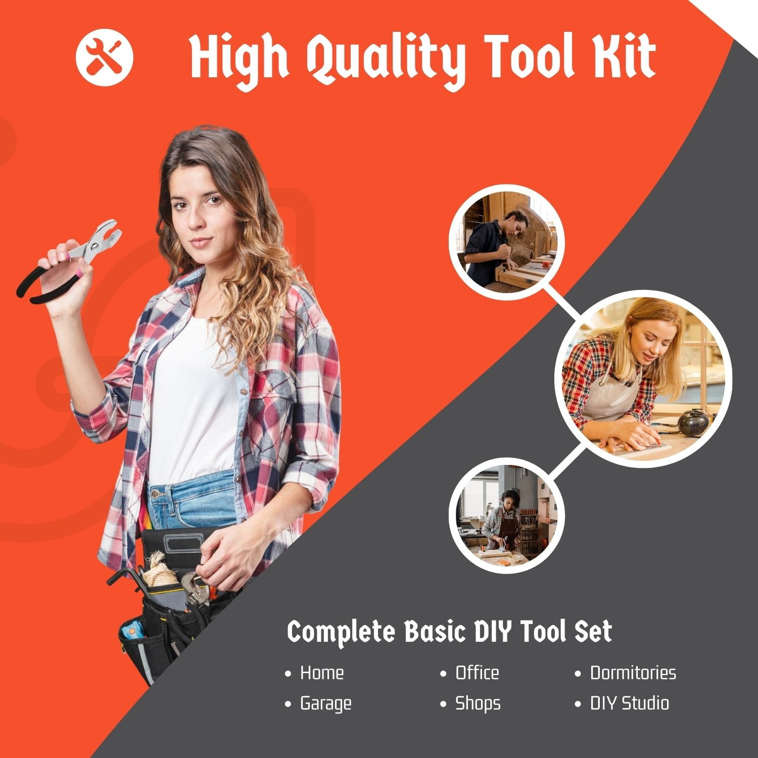 Tool Set Box - Hand Tool Kit & Accessories For General Household DIY Home Repair with Plastic Toolbox Storage Organizer Case - Homeowner's Tool Kit (Orange & Black)