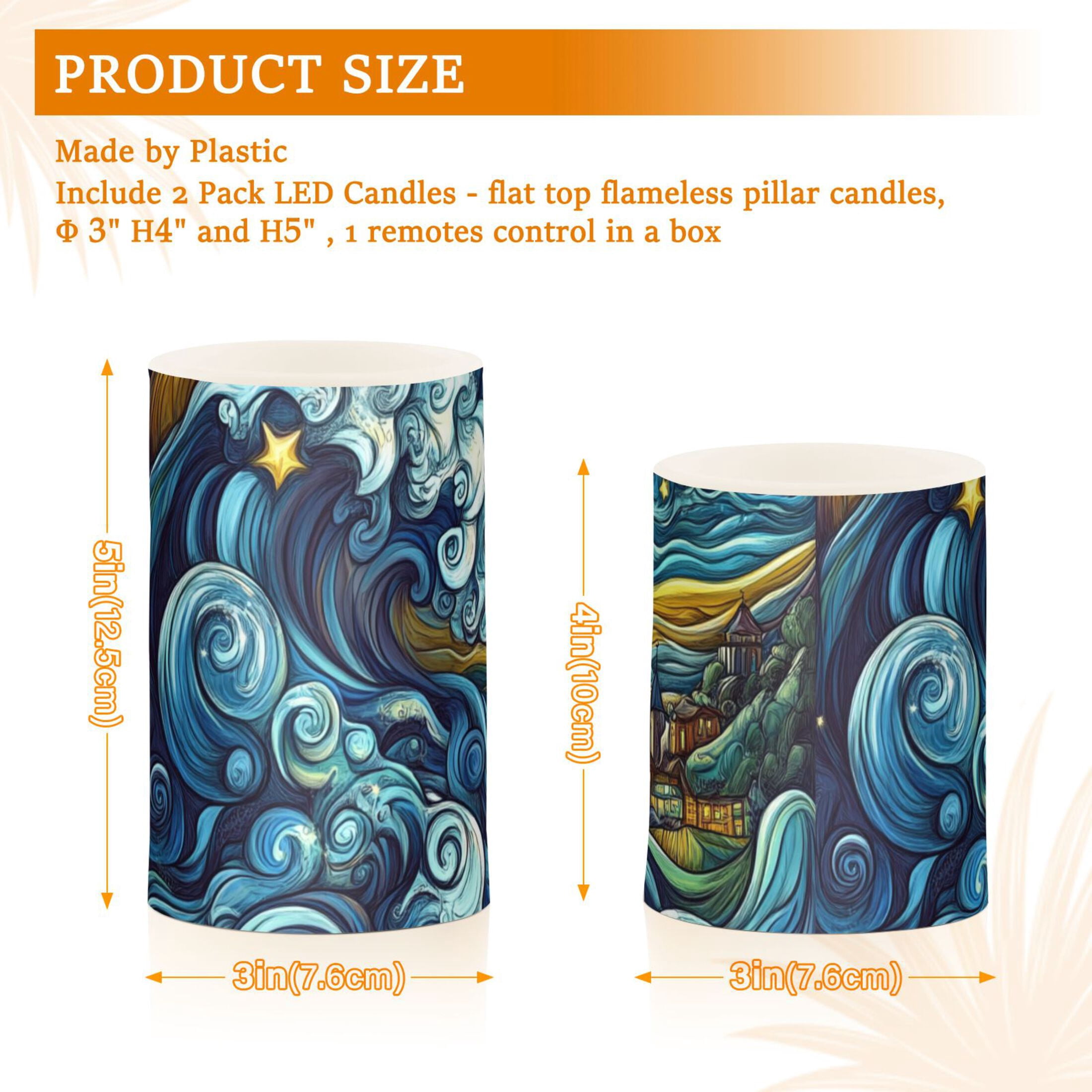 Swirling Waves and Stars Flickering Flameless Candles Battery Operated with Remote Timer LED Pillar Candles Set of 2