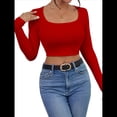 thumbnail image 3 of Tops Cortos de Larga para Mujer, con Cuello Cuadrado Acanalado, Ajustados, Informales, A para Dama Rojo S, 3 of 8