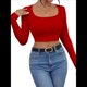 thumbnail image 3 of Tops Cortos de Larga para Mujer, con Cuello Cuadrado Acanalado, Ajustados, Informales, A para Dama Rojo L, 3 of 8