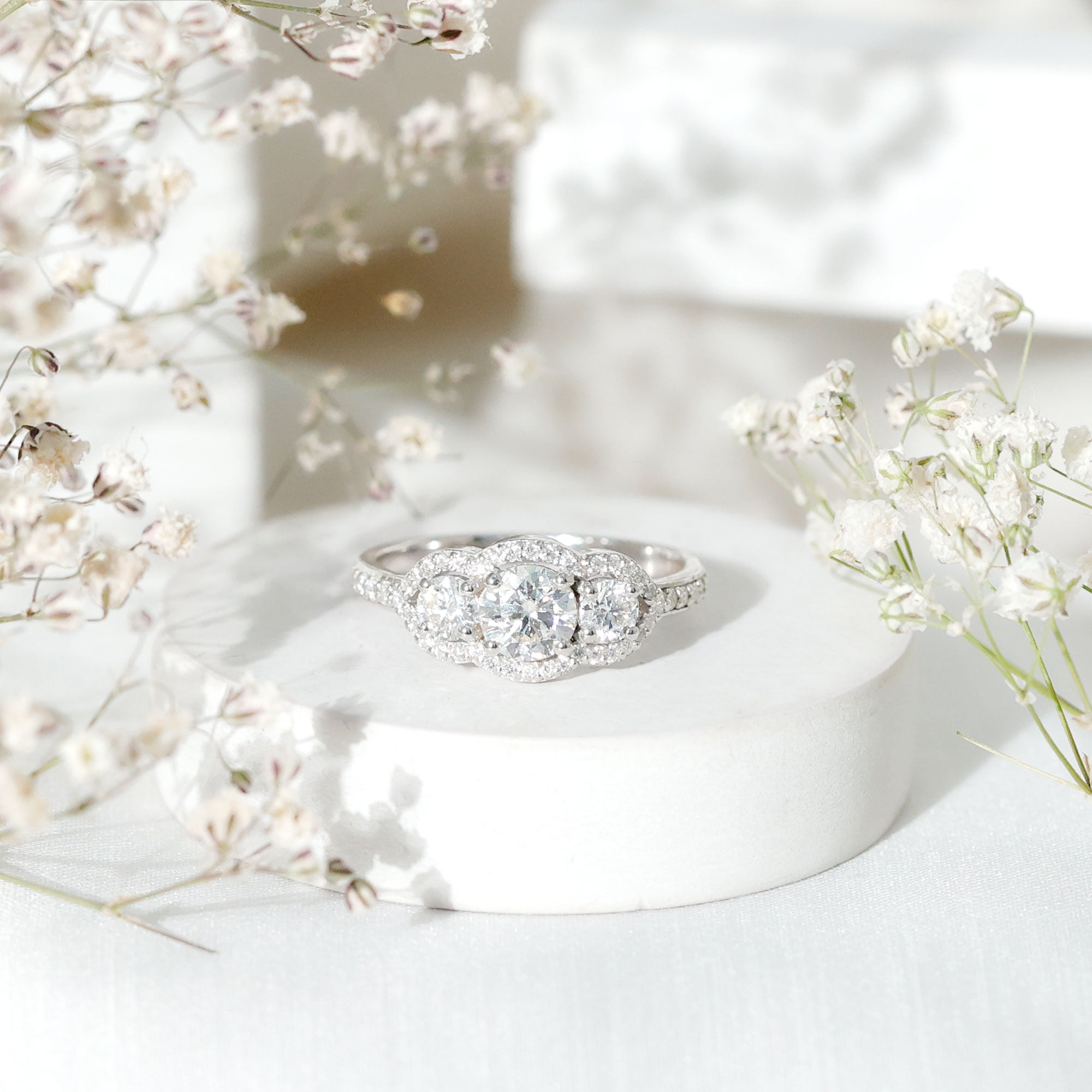 Rosec Jewels Certified Moissanite 3 Stone Engagement Ring for Women - D-VS1 Quality - Statement Ring - with Jewelry Box, 925 Sterling Silver, US 4.00