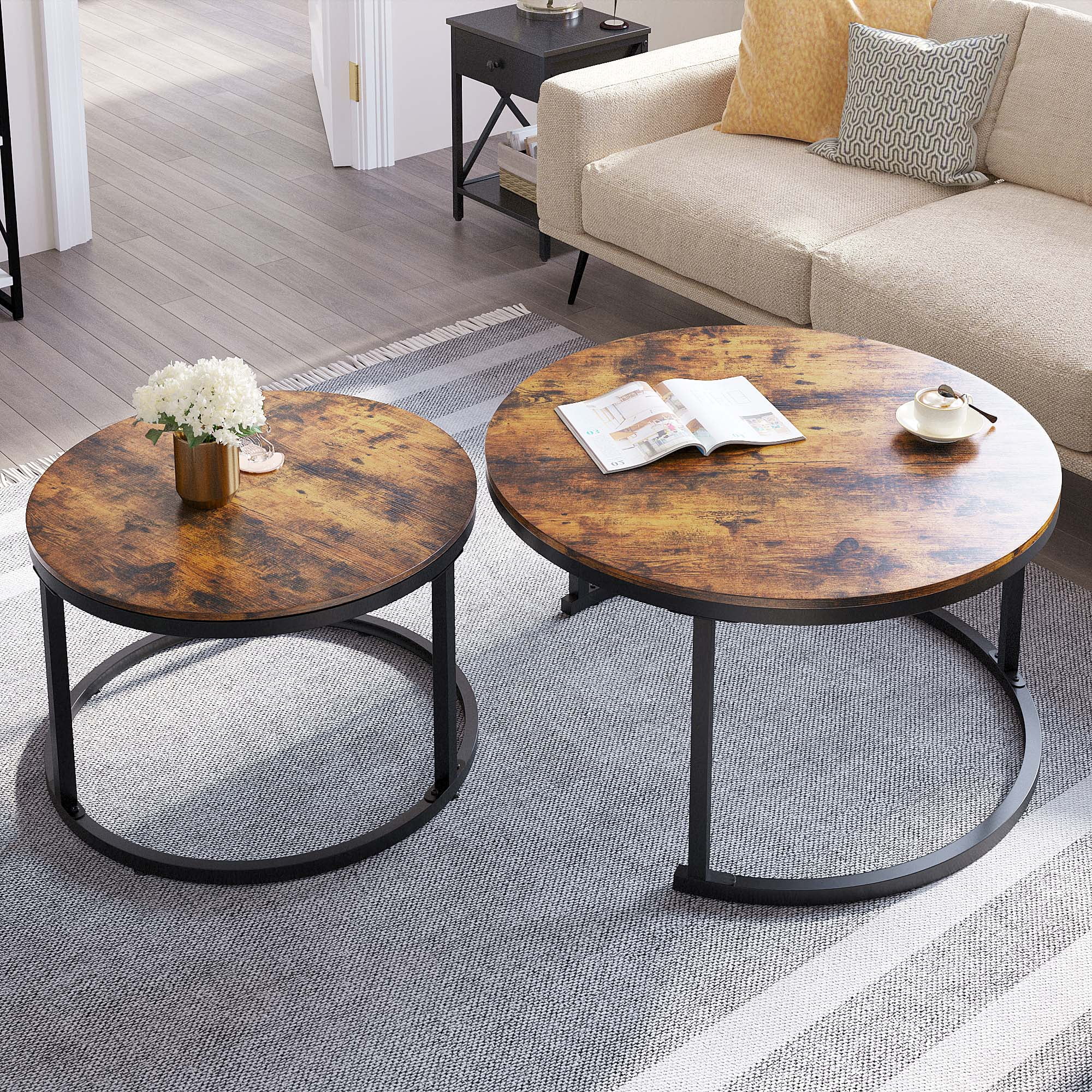 DWVO Round Nesting Coffee Table Set of 2, Snack End Table with Metal Frame for Living Room, Rustic Brown