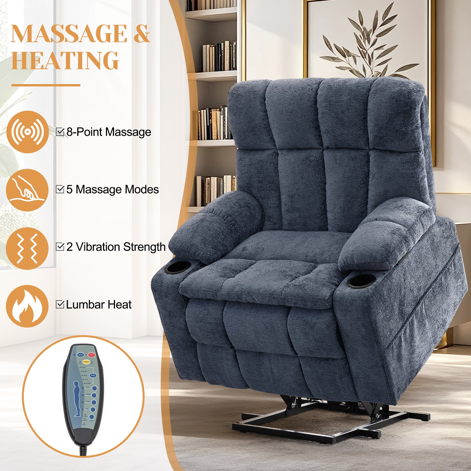 Korser Oversized Dual Motor Power Lift Recliner for Elderly with Adjustable Headrest,Massage Recliner Chair with USB Ports & Type C Electric Lift Chair with Storebox Cupholder for Living Room,Blue