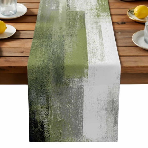 Sage Green Ombre Cotton Linen Table Runner for Dining Kitchen, Vintage Shabby Abstract Plaid Art Wedding Outdoor Party Tablerunners Decoration, Dresser Scarf Coffee Tablecloth Runners 13x48 Inches