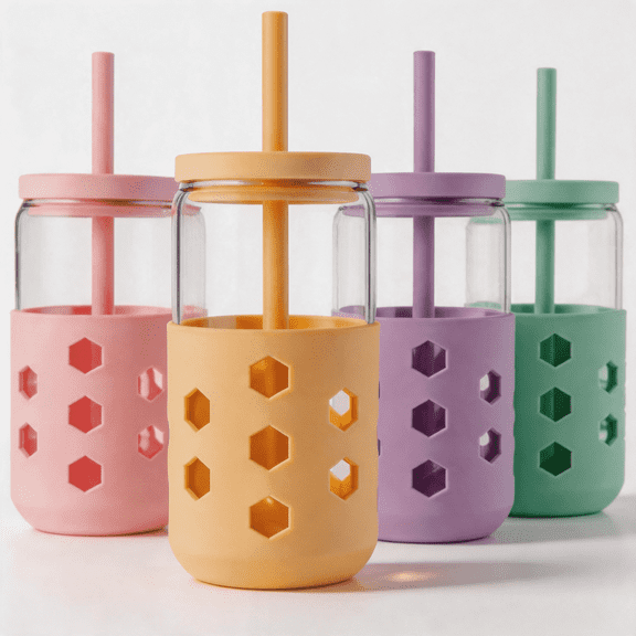 Micebay Glass Cups with Silicone Lids and Straws 4-Pack, 16 oz Ice Coffee Cup with Sleeves, Coffee Bar Accessories, Glass Tumbler Reusable for Gifts