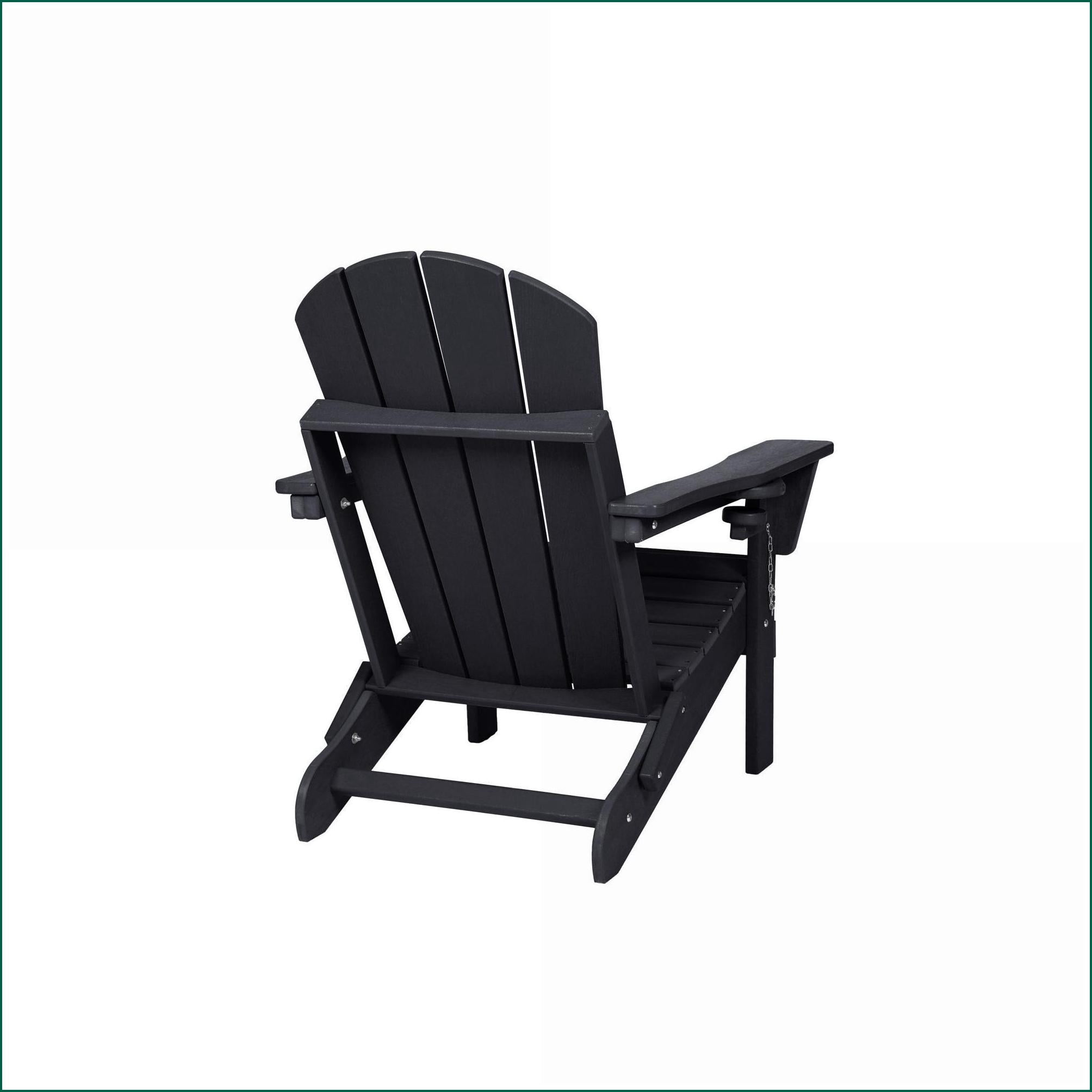 Outdoor Folding Adirondack Chair with Dual Cup Holder, Wood Texture | Black | HDPE