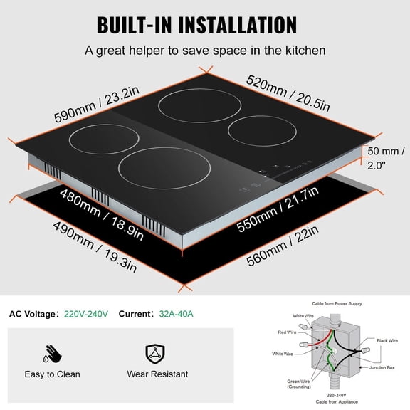 Empava 24" Electric Stove Top, 4 Burner Glass Cooktop 240V, Sensor Touch Control w/ Timer & Child Lock, 9 Power Levels - Simmer, Steam, Fry