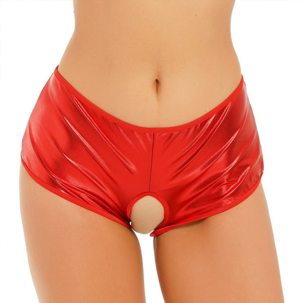 Ropa interior Sexy para mujer, bragas exóticas, Boxer sin entrepierna, pantalones cortos, disfraz, pantalones cortos con botín brillante metálico, calzoncillos abiertos a tope de tiro bajo