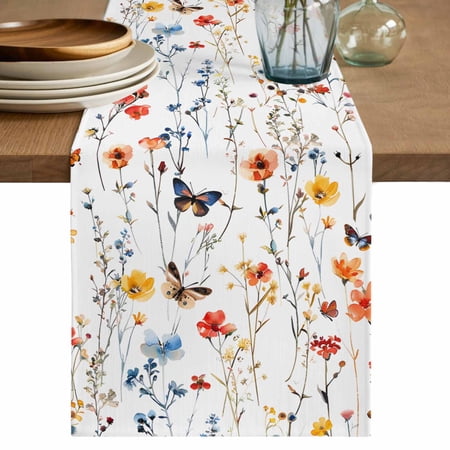 Table Runner Colorful Flowers Soft Linen Style Table Runner Cloth Butterflies Dining Table Decor for Kitchen Dining Room Parties Holiday & Everyday Use 13x90 Inch