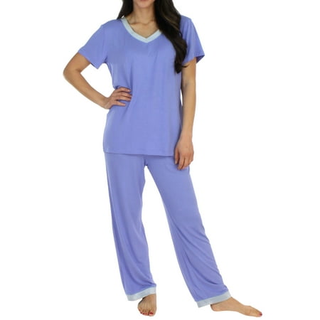 Pajama Heaven Women's Sleepwear Bamboo Jersey V-Neck Top and Pants Pajama Set With Satin (Best Position To Sleep For Neck And Shoulder Pain)