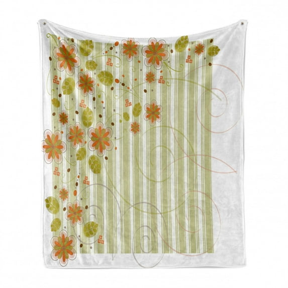 Floral Soft Flannel Fleece Blanket, Retro Flourishing Spring Flowers and Swirled Branches on Striped Background, Cozy Plush for Indoor and Outdoor Use, 70" x 90", Green Orange White, by Ambesonne