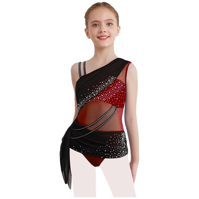dPois Combinaison Asymétrique pour Filles Justaucorps de Danse Ballet Rythmique Froncé Bourgogne 12