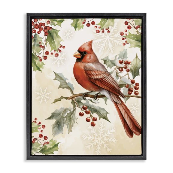 Stupell Industries Rustic Lodge Cardinal on Holly Branch Black Floating Frame Canvas Art, 17 x 21, by Nicole DeCamp