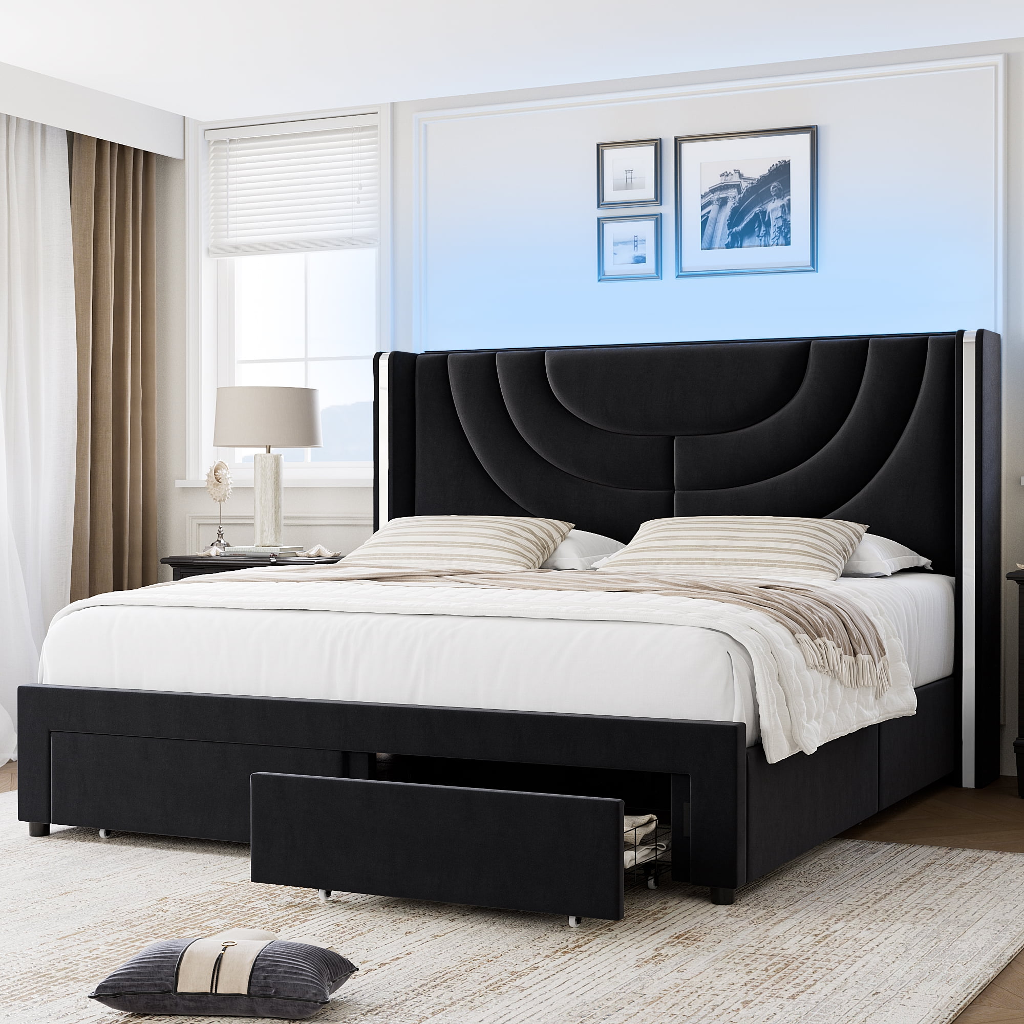 Homfa King Size LED Bed Frame with 2 Drawer Storage, Wingback Platform Bed with Velvet Upholstered Headboard, Black