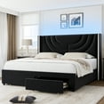 thumbnail image 3 of Homfa King Size LED Bed Frame with 2 Drawer Storage, Wingback Platform Bed with Velvet Upholstered Headboard, Black, 3 of 10