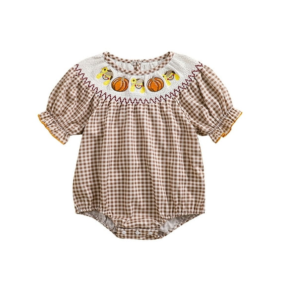 Newborn Baby Girl Halloween Smocked Pumpkin Outfit 3 6 12 18 Months 2T 3T Plaid Bubble Romper Embroidery Thanksgiving Fall Clothes