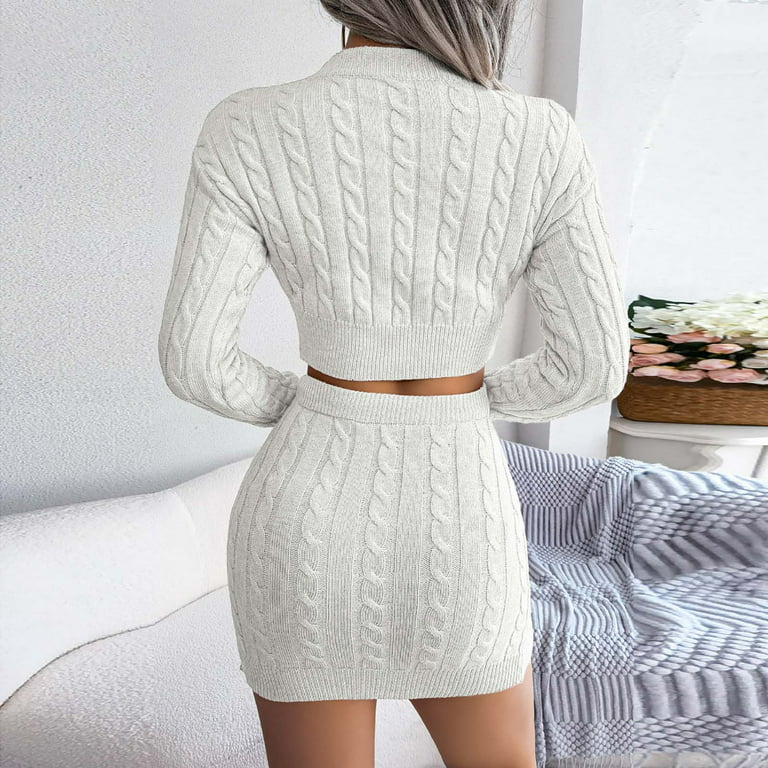 Women's 2 Piece Sweater Skirt Sets Long Sleeve Cable Knit Crop Top Pullover  and High Waist Slim Mini Skirt Outfits