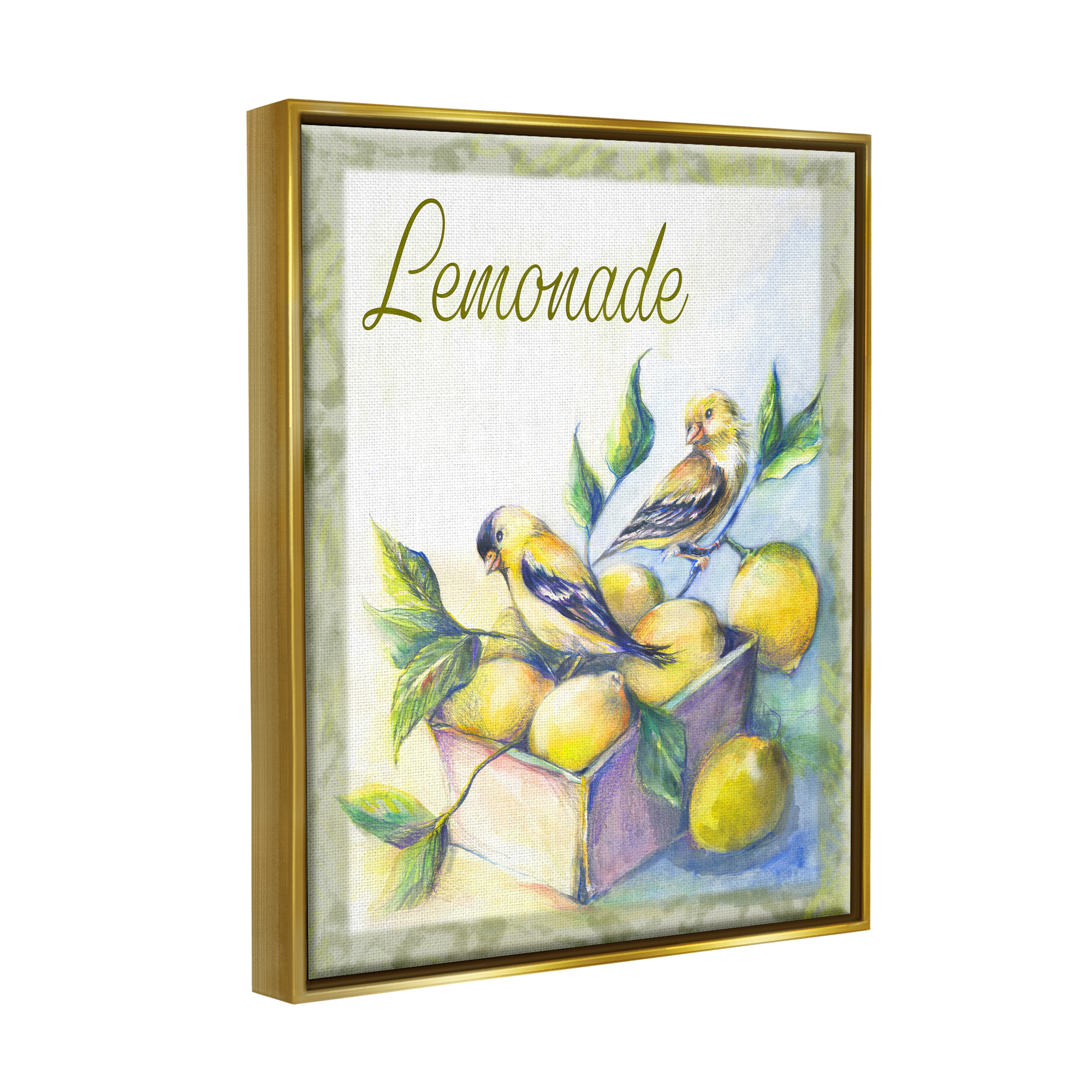 Stupell Industries Lemonade Phrase with Canaries Food & Beverage Painting Gold Floater Framed Canvas Art Print Wall Art, 25 x 31