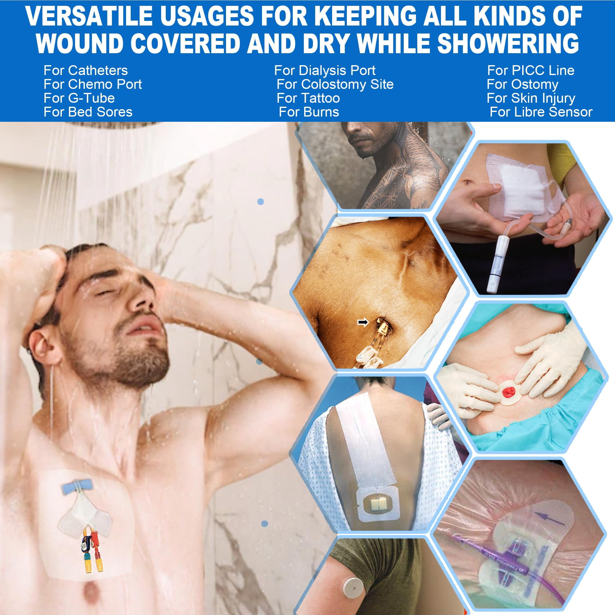 20Pcs Shower Covers, 9 x 9inch PICC Line Shower Cover Incision Stitches Wound Shower Protector Heart Monitor Waterproof Bandage Dressings Protection for Showering After Surgery