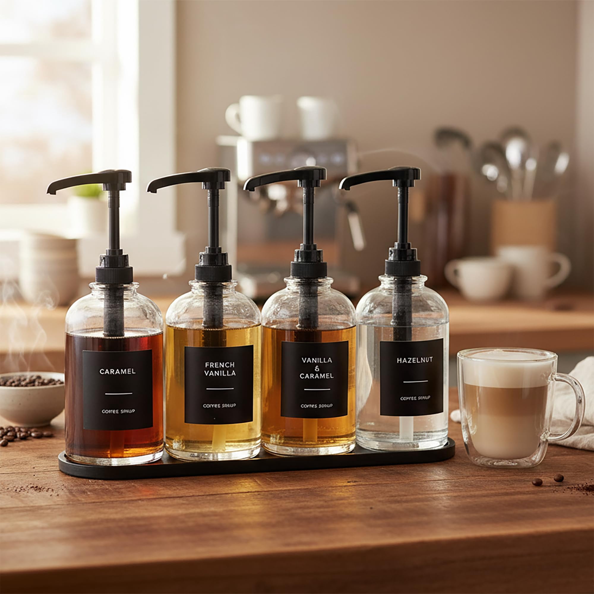 Coffee Syrup Dispenser For Bar  Glass Bottle With 1/4 Oz Large Capacity Pump Station Black Tray 16.9oz Set Of 4
