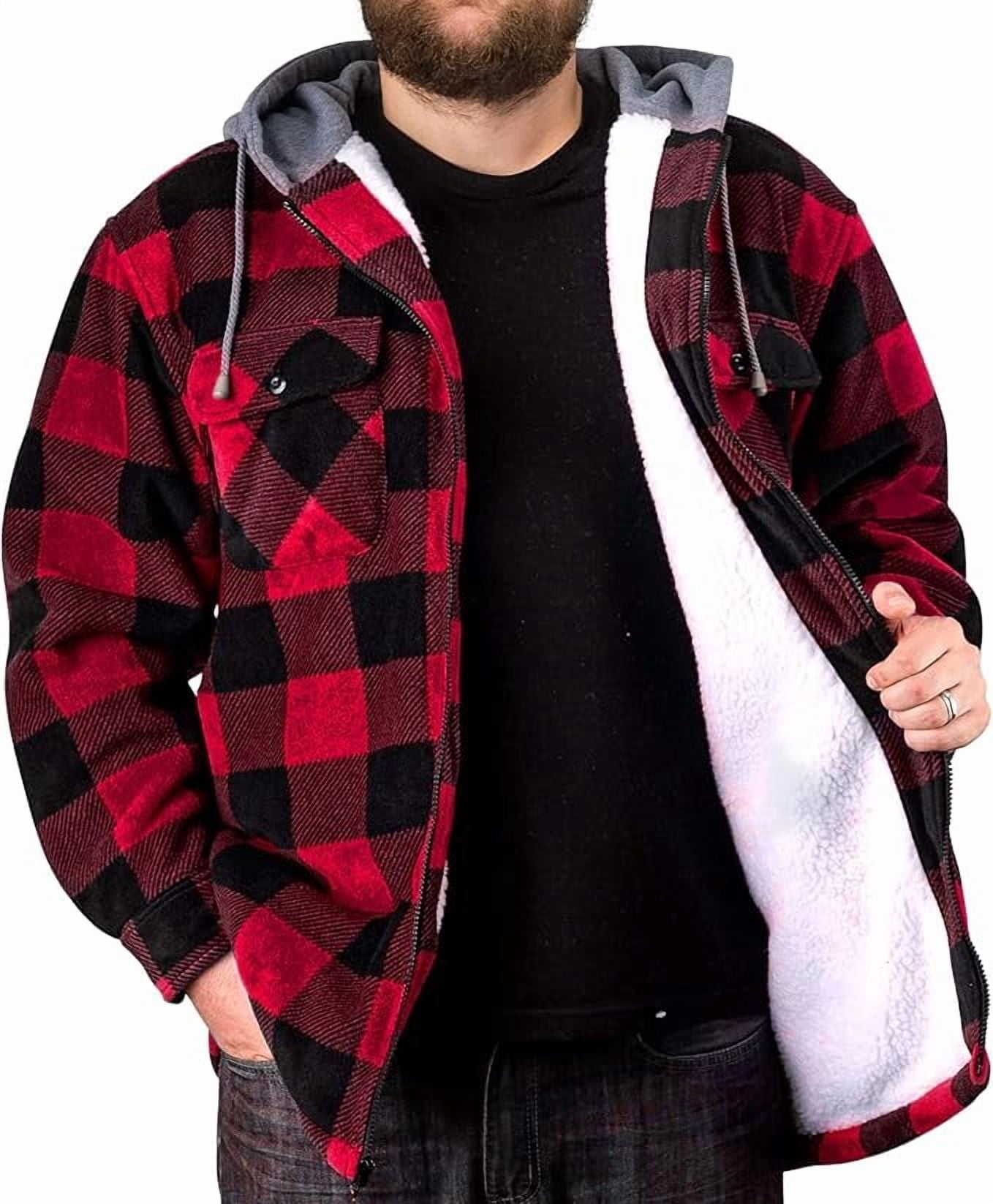 TrailCrest Men's Warm Sherpa Lined Hoodie Fleece Shirt Jacket, Classic Zip Up Buffalo Plaid, Red Plaid, Large