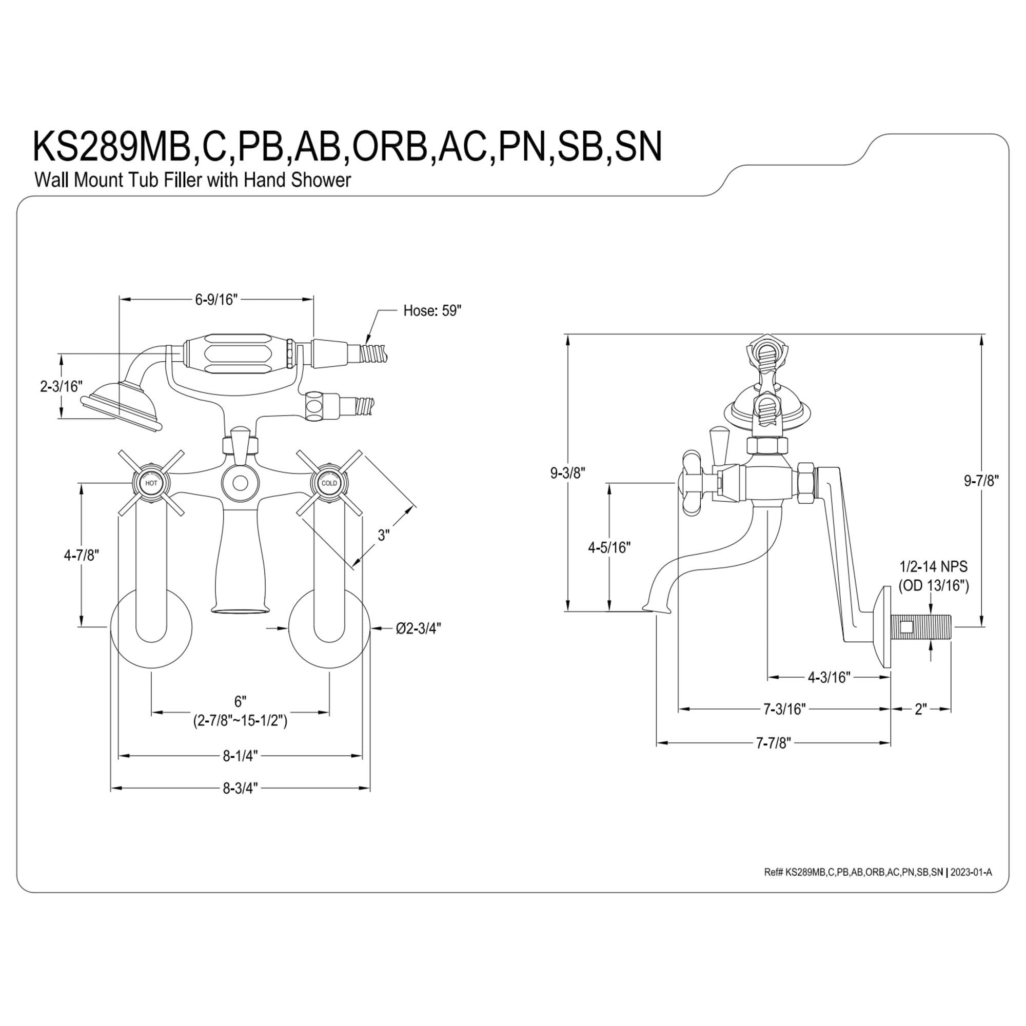 Kingston Brass KS289ORB Kingston Tub Wall Mount Clawfoot Tub Faucet with Hand Shower, Oil Rubbed Bronze