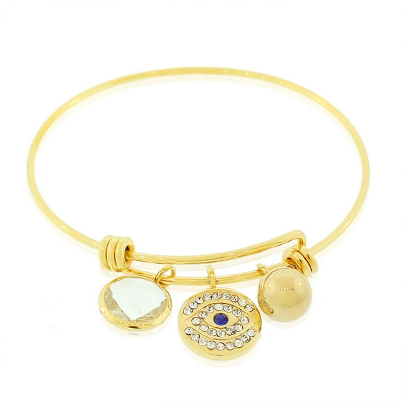 Stainless Steel Yellow Gold-Tone White Blue CZ Protection Evil Eye Bangle Bracelet