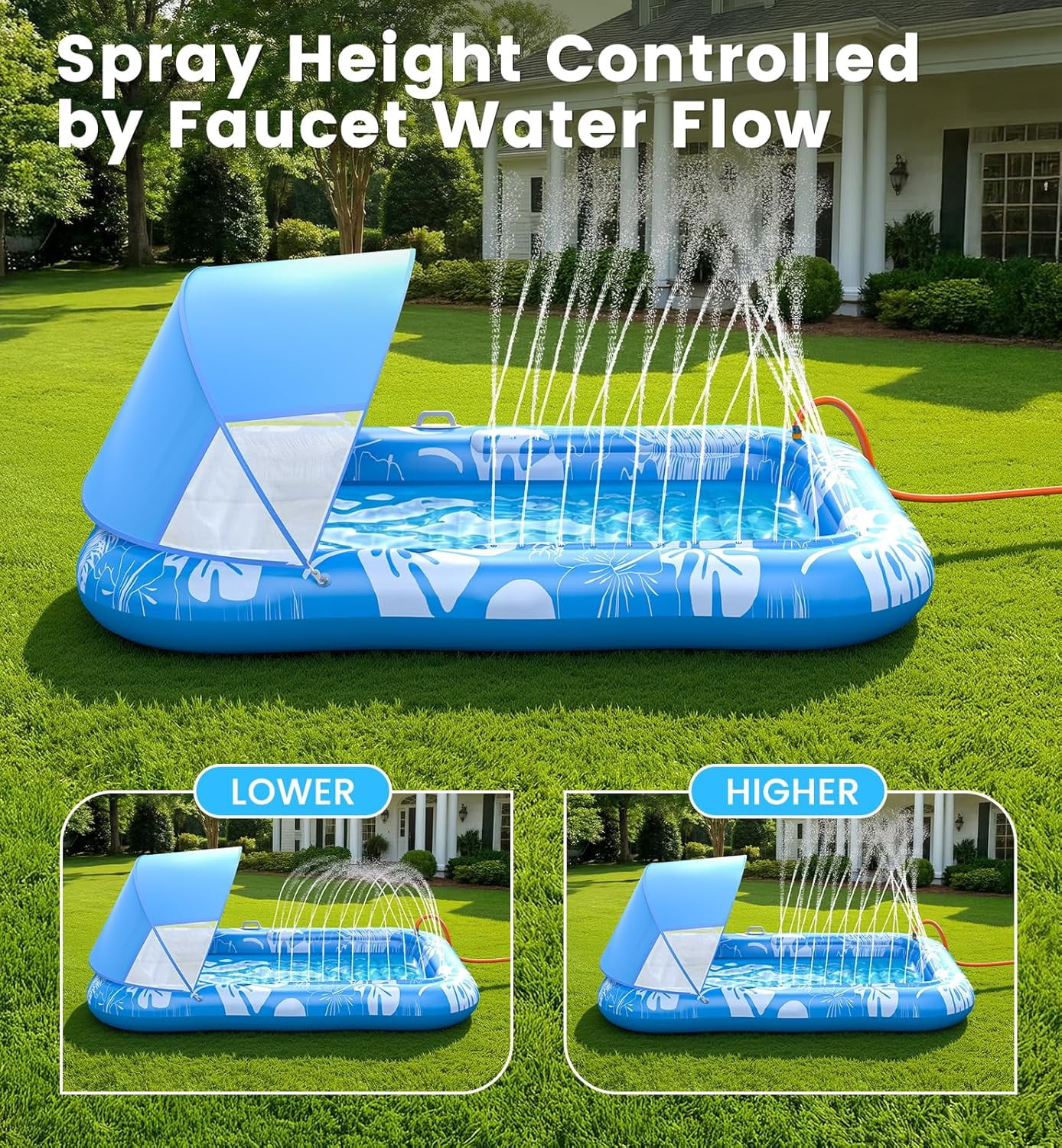 Inflatable Tanning Pool Lounger Float with Sprinkler & Canopy UPF50+, 77" x 48" Extra Large Tanning Pool Float for Adults, Sunbathing Water Lounge Bed with Pillow & Cup Holder for Backyard & Pool