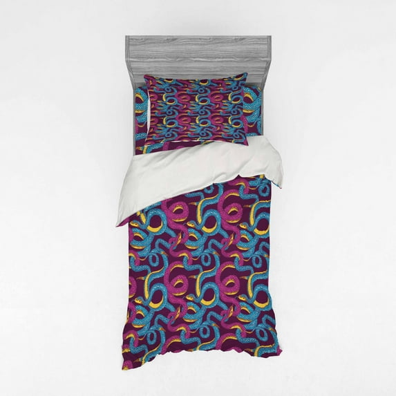 Ambesonne Animal Bedding Set 3 Pcs, Hand Drawn Art Snakes, Twin, Plum Blue Yellow