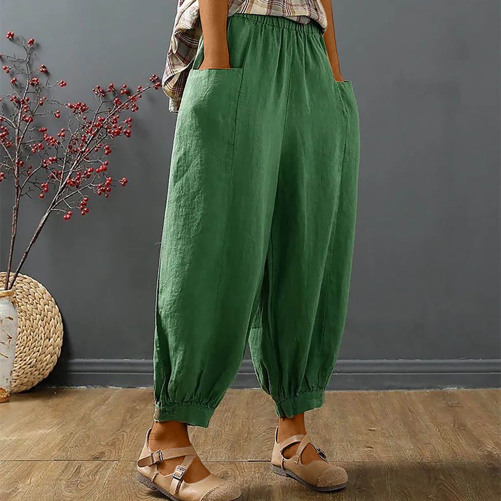 Linen Wide Leg Pants for Women Summer Casual Elastic Waisted Pants Loose  Baggy Cotton Comfy Cuffed Pants with Pockets (Medium, White 16) 