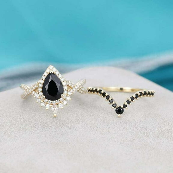Sparkle Jewels Black Cubic Zirconia Halo Engagement Bridal Ring Set Pear Cut 14k Yellow Gold Finish Silver