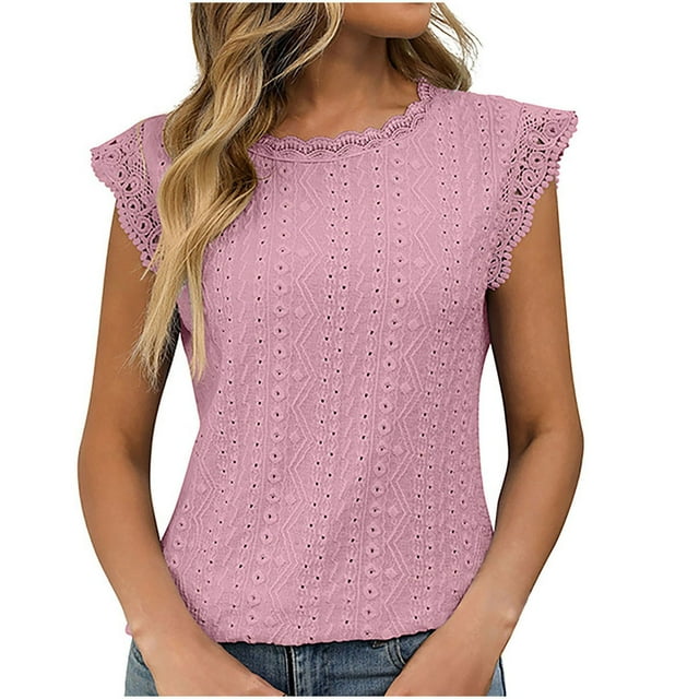 Timegard Camisole à Oeillets pour Femmes, Manches Courtes en Dentelle, Col Rond, T-Shirt d'Été Chic Décontracté, Tunique Confortable