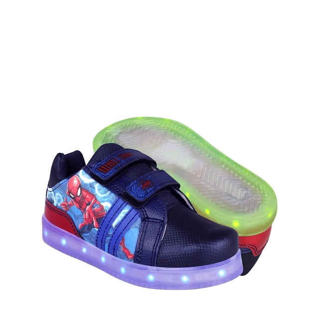 Tenis Led Spiderman para niño simipiel marino con rojo 3507