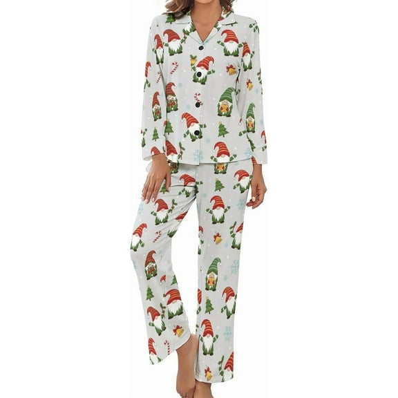 Top-kevin Womens Pajamas Set Christmas Gnomes Winter Soft Long Sleeve Sleepwear Button Down Nightwear Pj Lounge Sets